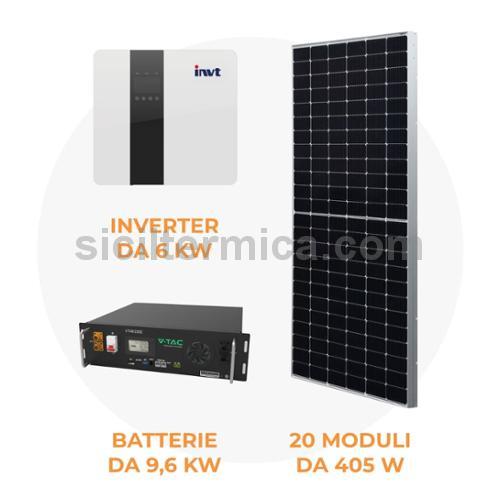 KIT FOTOVOLTAICO COMPLETO PER 8KW + INVERTER DA 6 KW + BATTERIA DA 9,6 KW